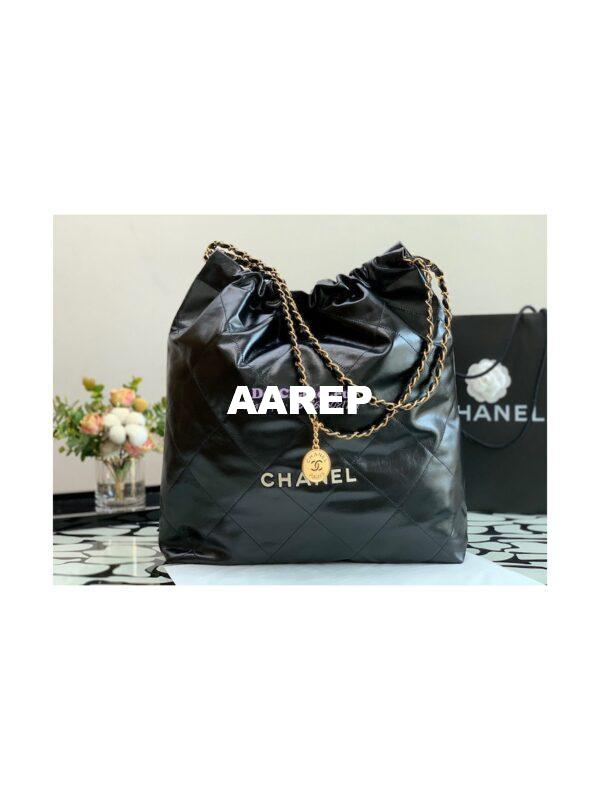 Replica Chanel 22 Large Handbag Shiny Calfskin AS3262 Black with Lacquered Metal 3