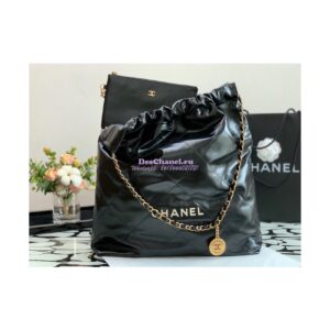 Replica Chanel 22 Large Handbag Shiny Calfskin AS3262 Black with Lacquered Metal 2