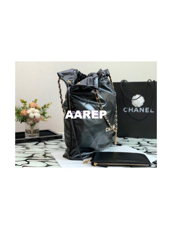 Replica Chanel 22 Large Handbag Shiny Calfskin AS3262 Black with Lacquered Metal 5