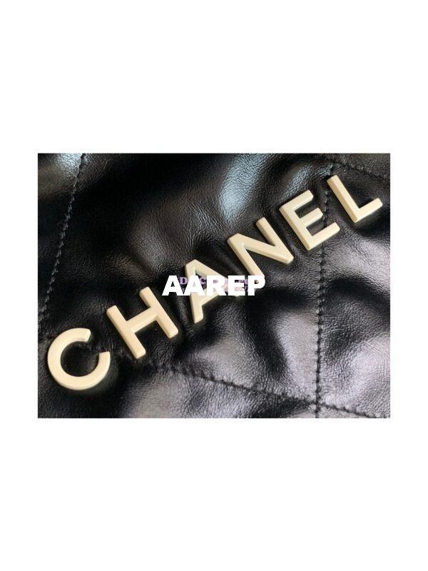 Replica Chanel 22 Large Handbag Shiny Calfskin AS3262 Black with Lacquered Metal 6