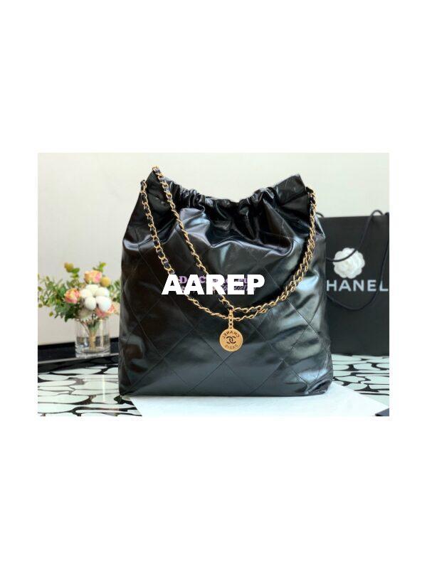 Replica Chanel 22 Large Handbag Shiny Calfskin AS3262 Black with Lacquered Metal 9