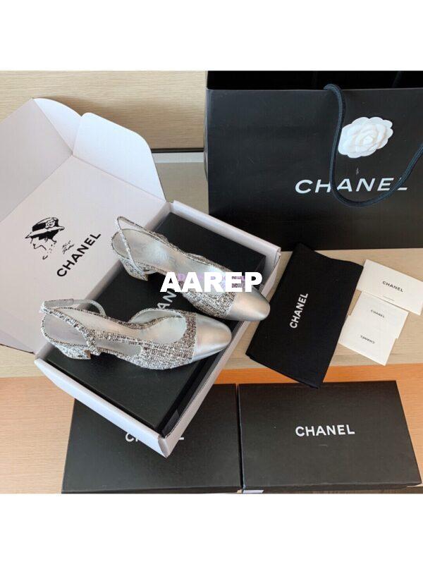 Replica Chanel Slingbacks 65mm Cotton Tweed G31318 Silver 2