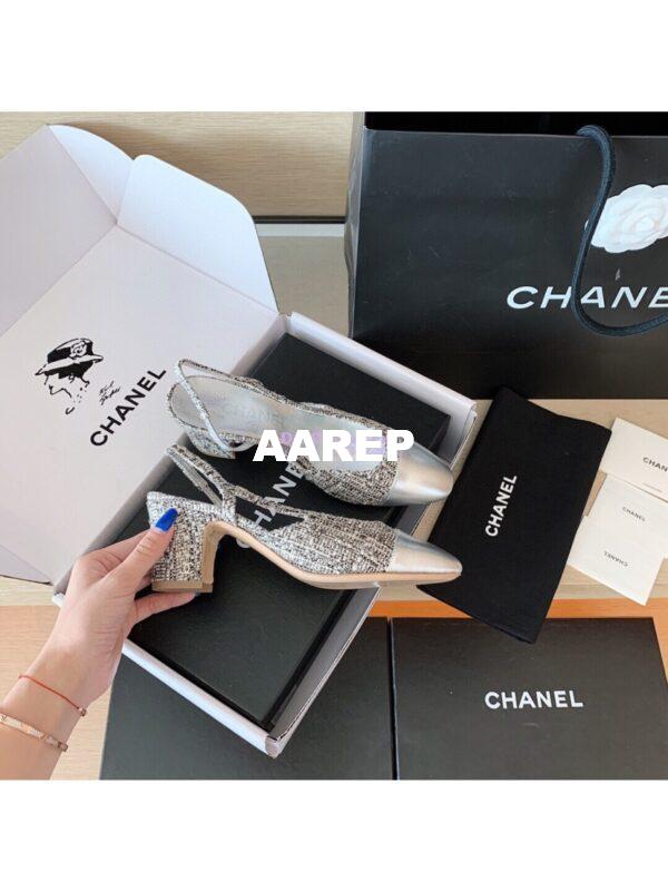Replica Chanel Slingbacks 65mm Cotton Tweed G31318 Silver 5