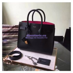Replica YSL Saint Laurent Classic Small Sac De Jour Bag In Black Grained Leather with red inside