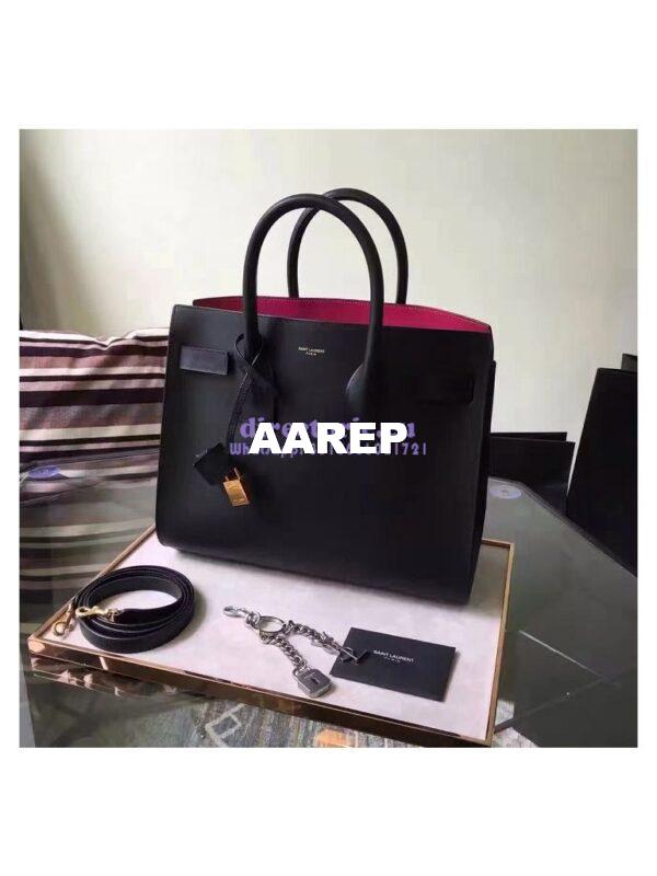 Replica YSL Saint Laurent Classic Small Sac De Jour Bag In Black Grained Leather with red inside