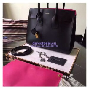 Replica YSL Saint Laurent Classic Small Sac De Jour Bag In Black Grained Leather with red inside 2