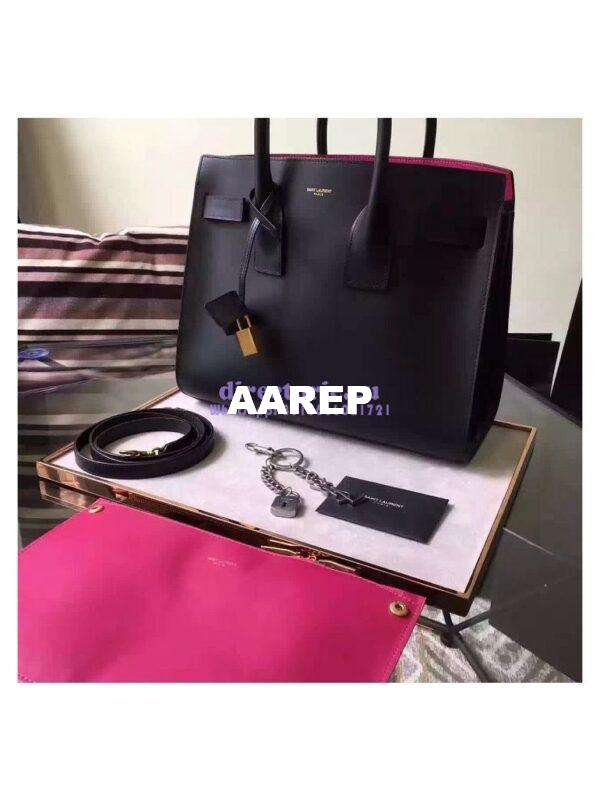 Replica YSL Saint Laurent Classic Small Sac De Jour Bag In Black Grained Leather with red inside 2