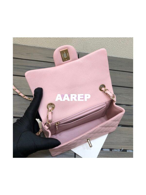 Replica Chanel Small Classic Flap CF Bag Quilted Caviar Shining Light Gold Hardware 20cm in Pink 9