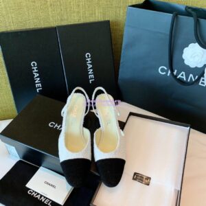 Replica Chanel Slingbacks 65mm Cotton Tweed G31318 White Black 2