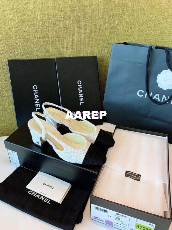 Replica Chanel Slingbacks 65mm Cotton Tweed G31318 White Black 3