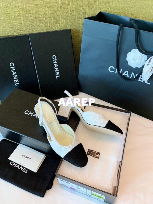 Replica Chanel Slingbacks 65mm Cotton Tweed G31318 White Black 4