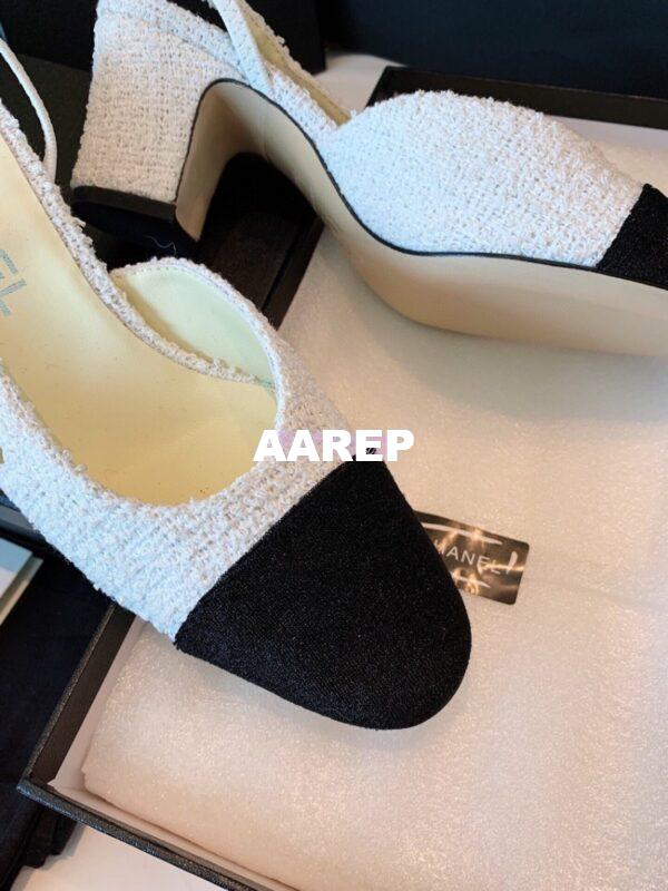 Replica Chanel Slingbacks 65mm Cotton Tweed G31318 White Black 5