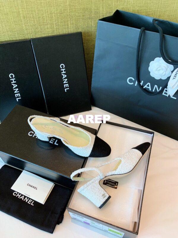 Replica Chanel Slingbacks 65mm Cotton Tweed G31318 White Black 6