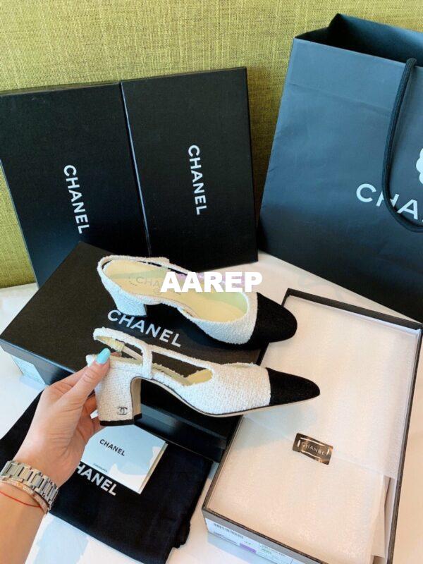 Replica Chanel Slingbacks 65mm Cotton Tweed G31318 White Black 7