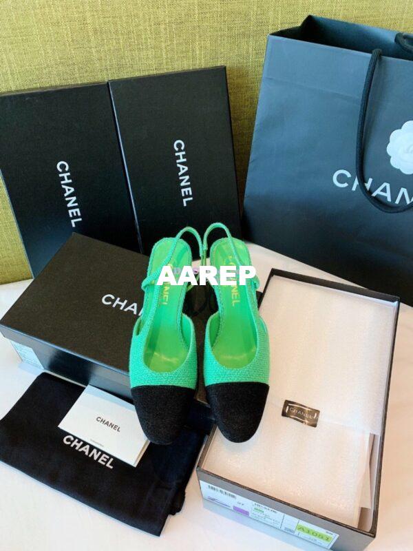 Replica Chanel Slingbacks 65mm Cotton Tweed G31318 Green Black 4