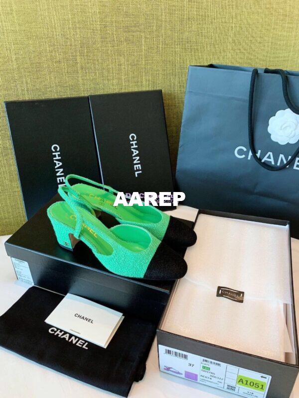 Replica Chanel Slingbacks 65mm Cotton Tweed G31318 Green Black 5
