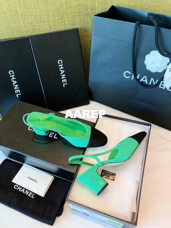 Replica Chanel Slingbacks 65mm Cotton Tweed G31318 Green Black 6