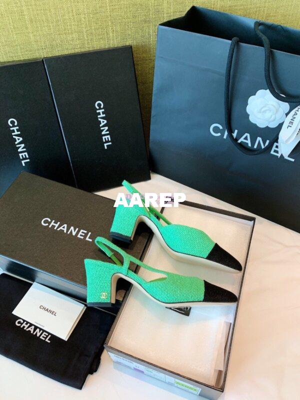 Replica Chanel Slingbacks 65mm Cotton Tweed G31318 Green Black 8