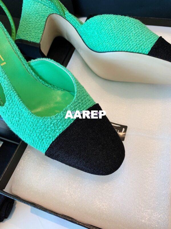 Replica Chanel Slingbacks 65mm Cotton Tweed G31318 Green Black 9