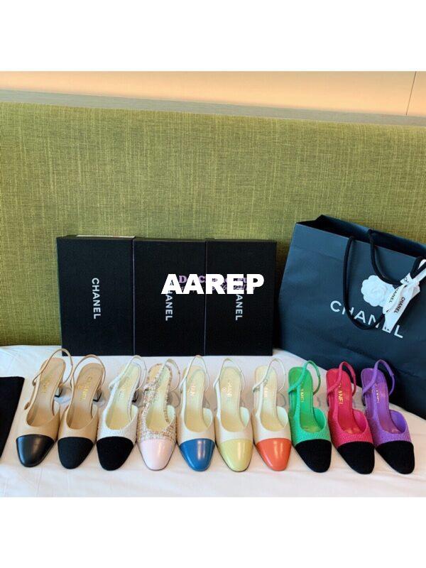 Replica Chanel Slingbacks 65mm Goatskin Lambskin Cap Toe G31318 Ivory Orange 3