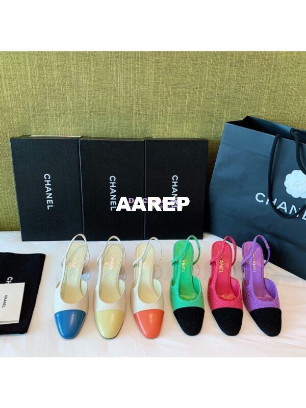 Replica Chanel Slingbacks 65mm Goatskin Lambskin Cap Toe G31318 Ivory Orange 4