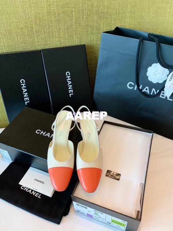 Replica Chanel Slingbacks 65mm Goatskin Lambskin Cap Toe G31318 Ivory Orange 5