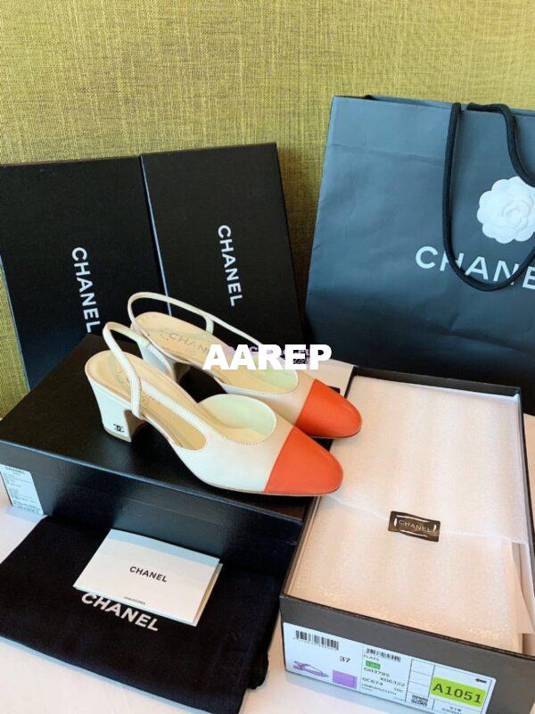 Replica Chanel Slingbacks 65mm Goatskin Lambskin Cap Toe G31318 Ivory Orange 6