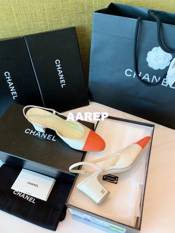 Replica Chanel Slingbacks 65mm Goatskin Lambskin Cap Toe G31318 Ivory Orange 7