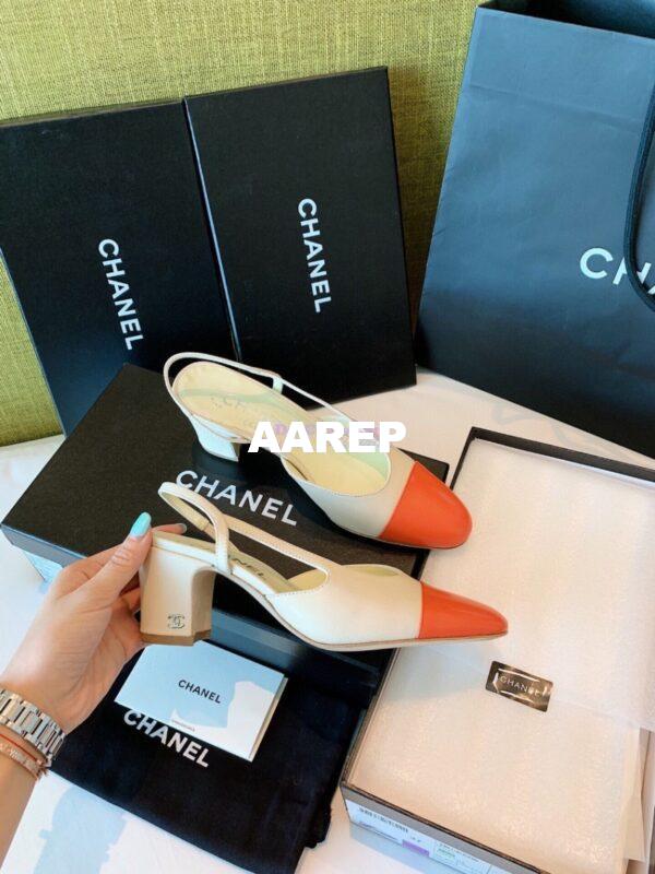 Replica Chanel Slingbacks 65mm Goatskin Lambskin Cap Toe G31318 Ivory Orange 8