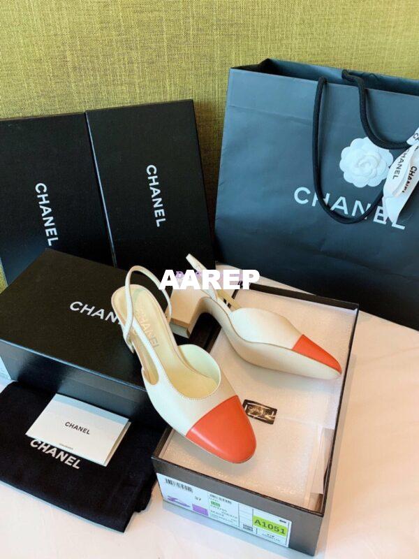 Replica Chanel Slingbacks 65mm Goatskin Lambskin Cap Toe G31318 Ivory Orange 9