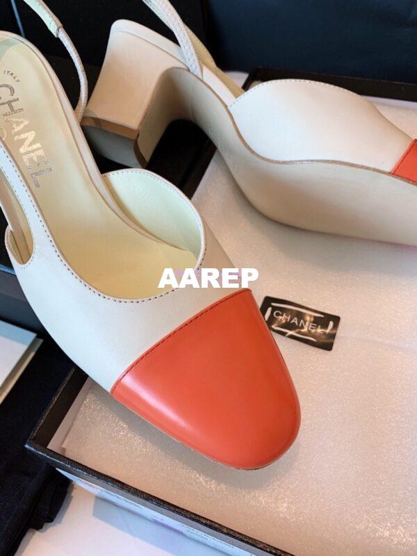 Replica Chanel Slingbacks 65mm Goatskin Lambskin Cap Toe G31318 Ivory Orange 10