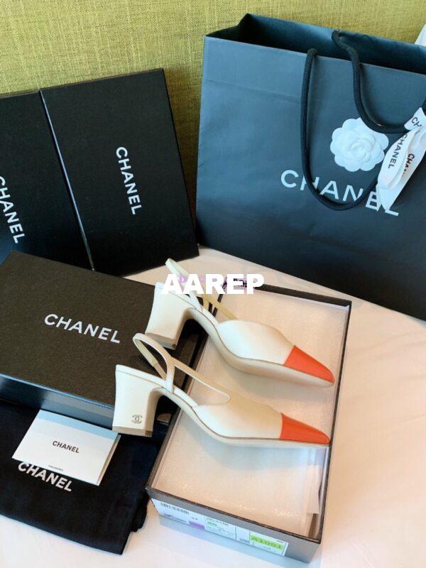 Replica Chanel Slingbacks 65mm Goatskin Lambskin Cap Toe G31318 Ivory Orange 12