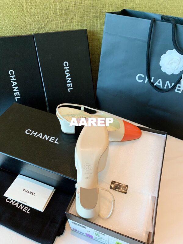 Replica Chanel Slingbacks 65mm Goatskin Lambskin Cap Toe G31318 Ivory Orange 13