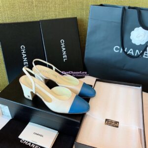 Replica Chanel Slingbacks 65mm Goatskin Lambskin Cap Toe G31318 Ivory Blue