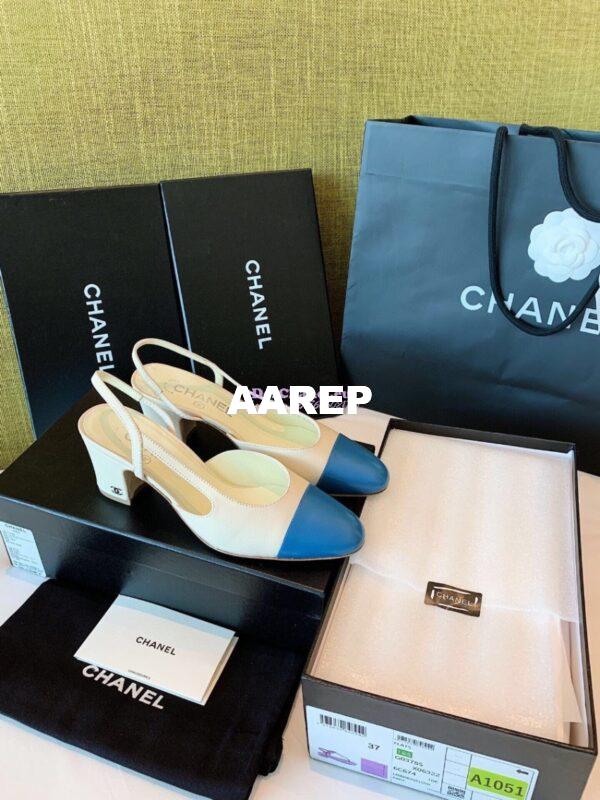 Replica Chanel Slingbacks 65mm Goatskin Lambskin Cap Toe G31318 Ivory Blue