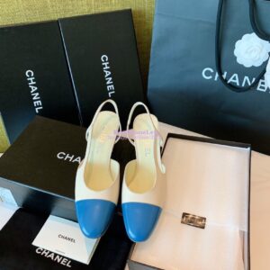 Replica Chanel Slingbacks 65mm Goatskin Lambskin Cap Toe G31318 Ivory Blue 2