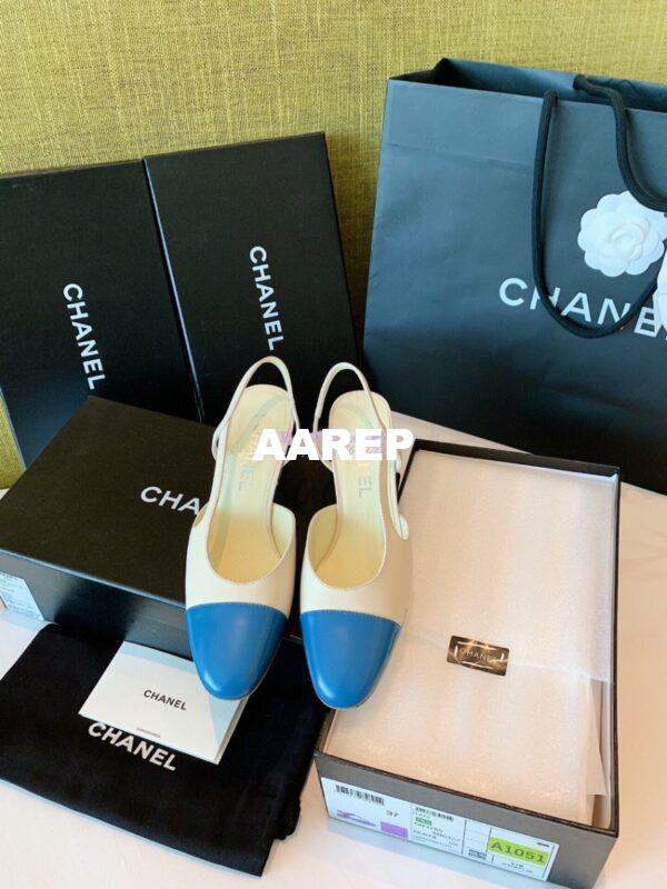 Replica Chanel Slingbacks 65mm Goatskin Lambskin Cap Toe G31318 Ivory Blue 2