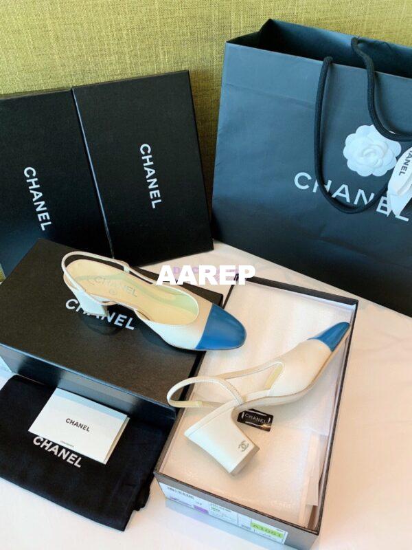 Replica Chanel Slingbacks 65mm Goatskin Lambskin Cap Toe G31318 Ivory Blue 3