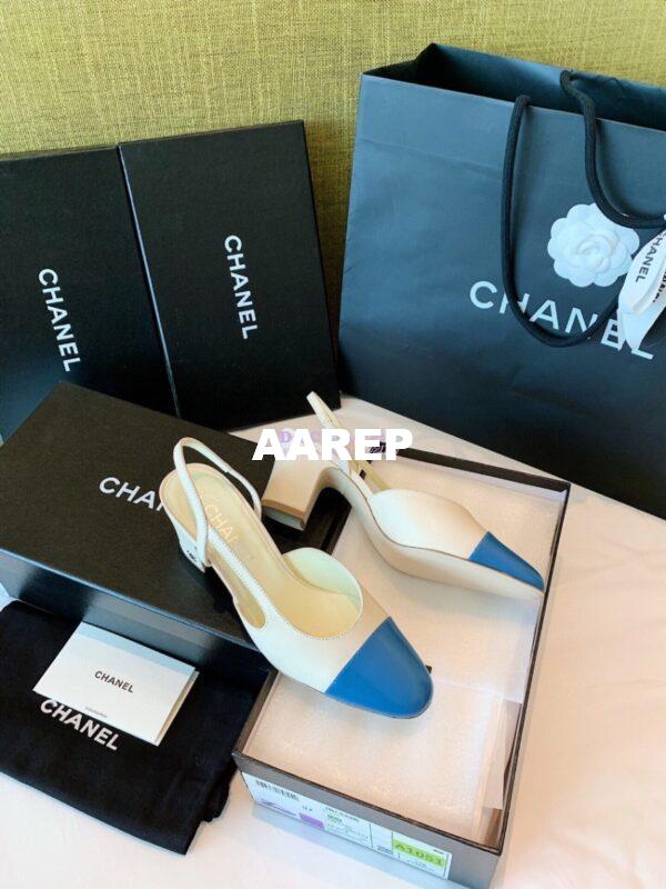 Replica Chanel Slingbacks 65mm Goatskin Lambskin Cap Toe G31318 Ivory Blue 4