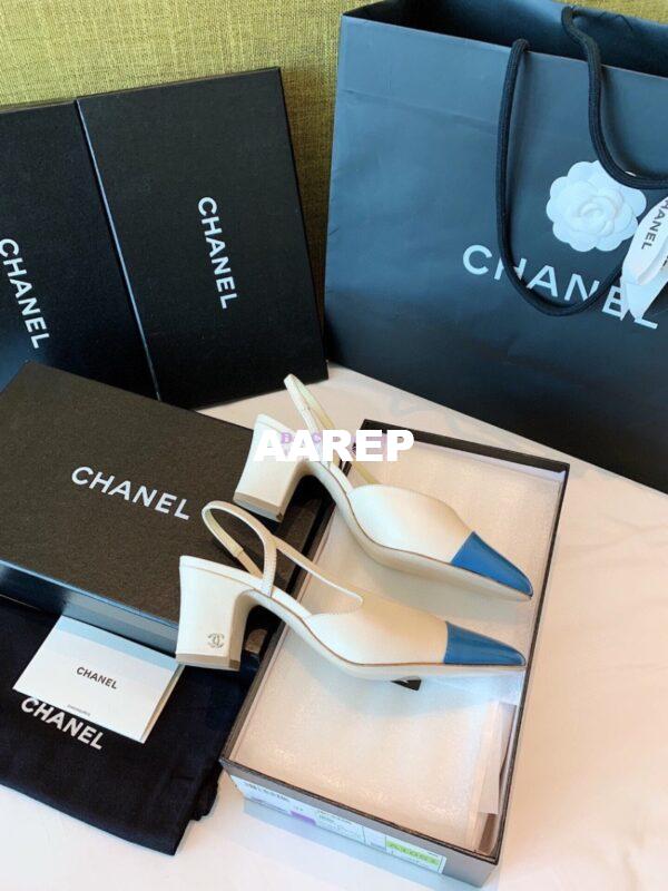 Replica Chanel Slingbacks 65mm Goatskin Lambskin Cap Toe G31318 Ivory Blue 5