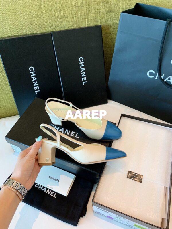 Replica Chanel Slingbacks 65mm Goatskin Lambskin Cap Toe G31318 Ivory Blue 6