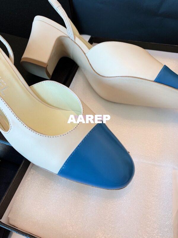 Replica Chanel Slingbacks 65mm Goatskin Lambskin Cap Toe G31318 Ivory Blue 7