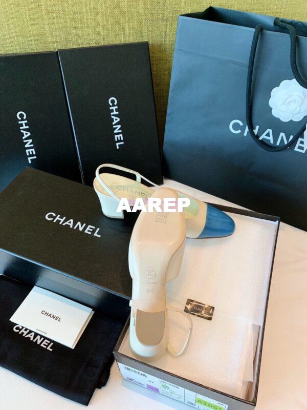 Replica Chanel Slingbacks 65mm Goatskin Lambskin Cap Toe G31318 Ivory Blue 9