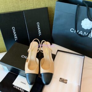 Replica Chanel Slingbacks 65mm Goatskin Lambskin Cap Toe G31318 Beige Black