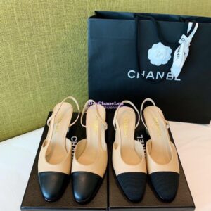 Replica Chanel Slingbacks 65mm Goatskin Lambskin Cap Toe G31318 Beige Black 2