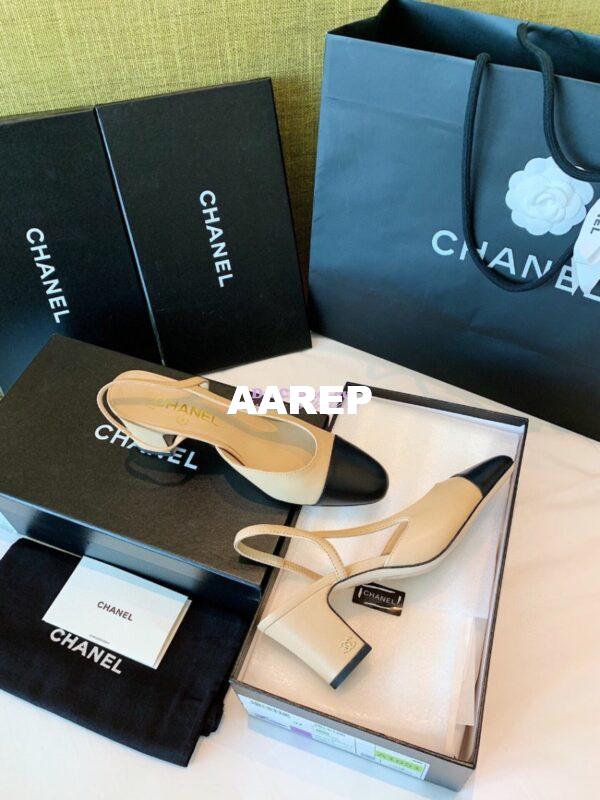 Replica Chanel Slingbacks 65mm Goatskin Lambskin Cap Toe G31318 Beige Black 6