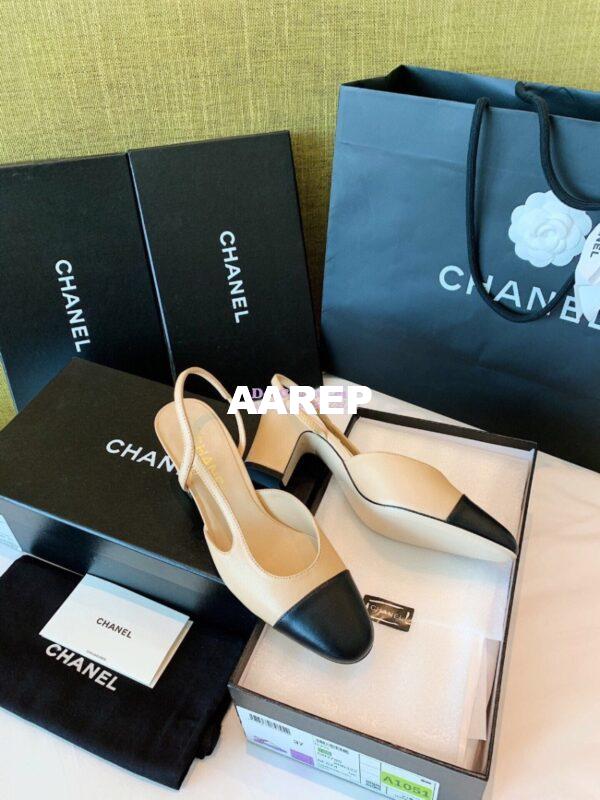Replica Chanel Slingbacks 65mm Goatskin Lambskin Cap Toe G31318 Beige Black 7