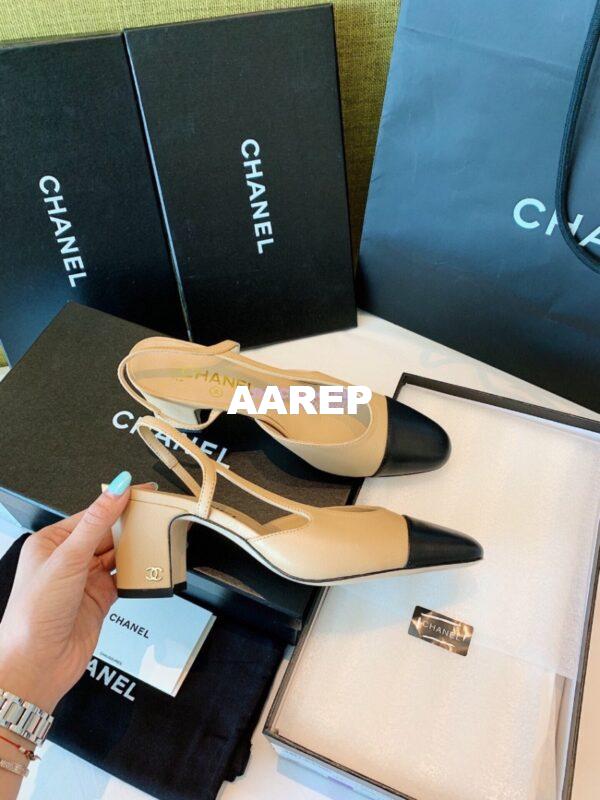 Replica Chanel Slingbacks 65mm Goatskin Lambskin Cap Toe G31318 Beige Black 9