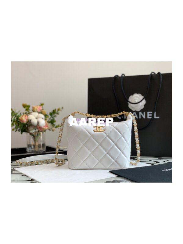 Replica Chanel Diamanté Logo Small Hobo Bag in Lambskin AS3242 White