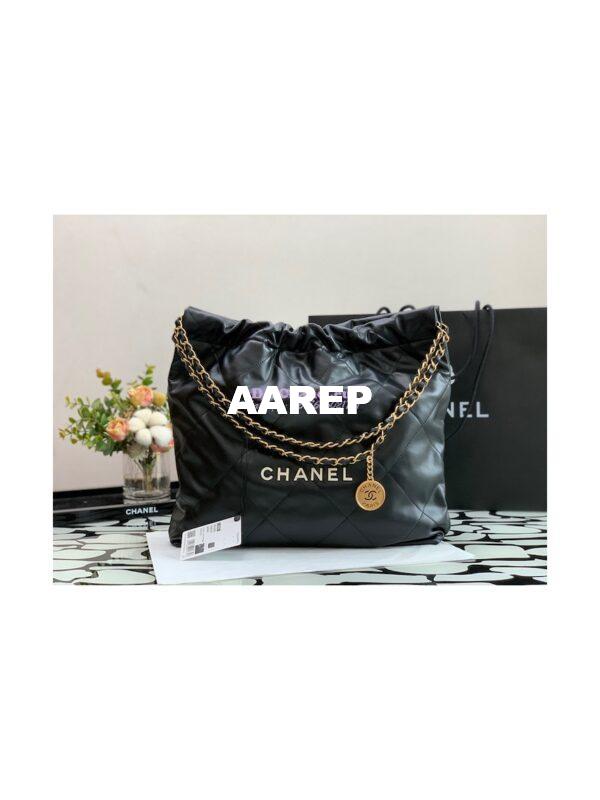 Replica Chanel 22 Handbag Shiny Calfskin AS3260 AS3261 Black with Lacquered Metal 3